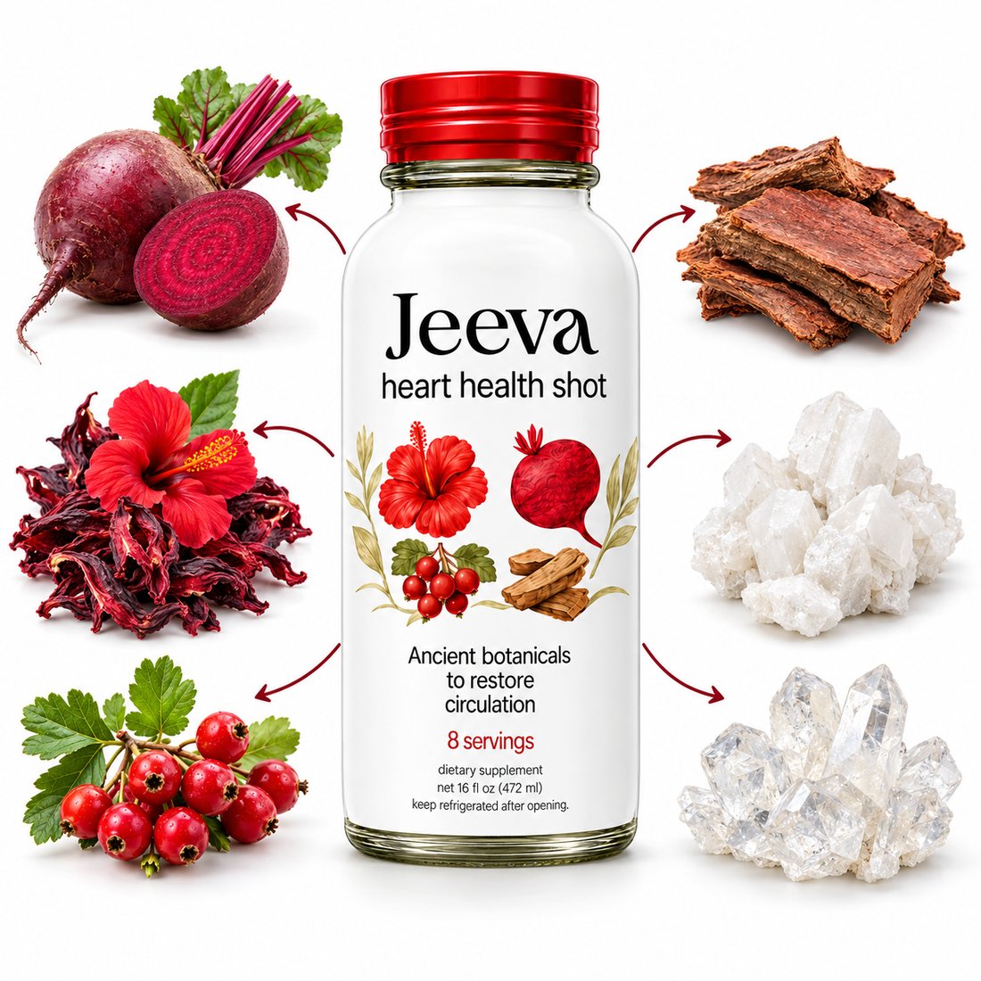 Jeeva Heart Health Shot bottle with the six botanicals that feed the formula