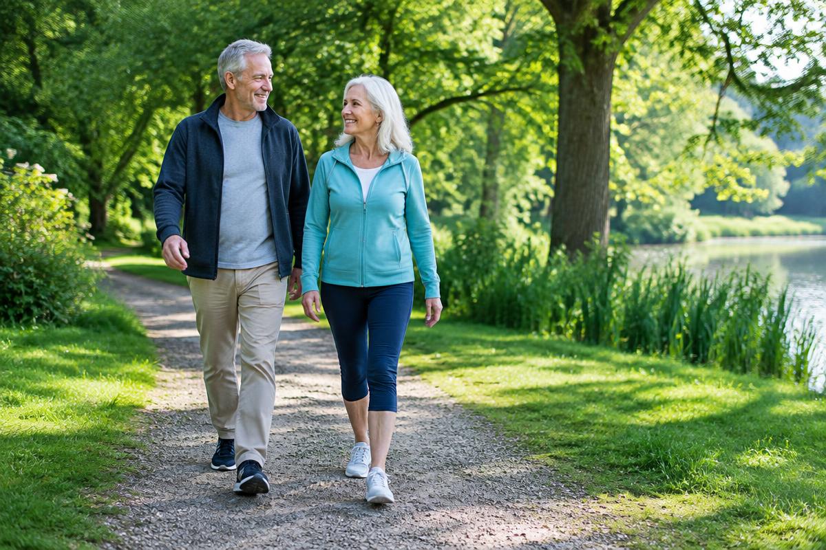 Illustration of an older couple walking outdoors